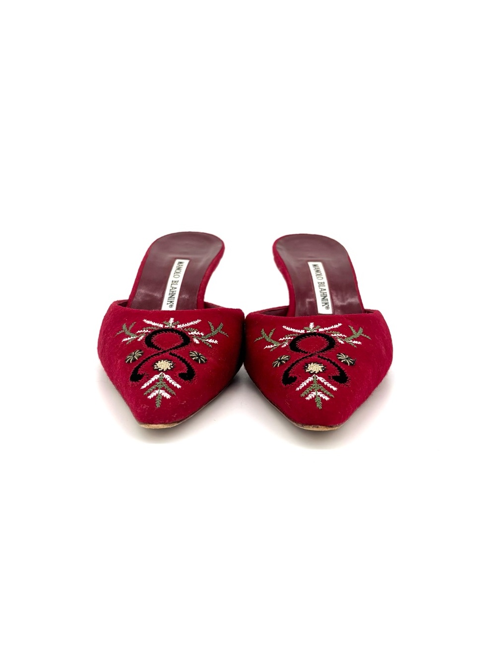 Vintage Manolo Blahnik Embroidered Pointed Toe Kitten Heel Mules Pumps 39 - Picture 3 of 9